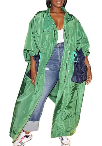 Women’s Long Trench Coat Y2k Loose Long Sleeve Stand Collar Zipper Overcoat Jackets with Pockets for Fall