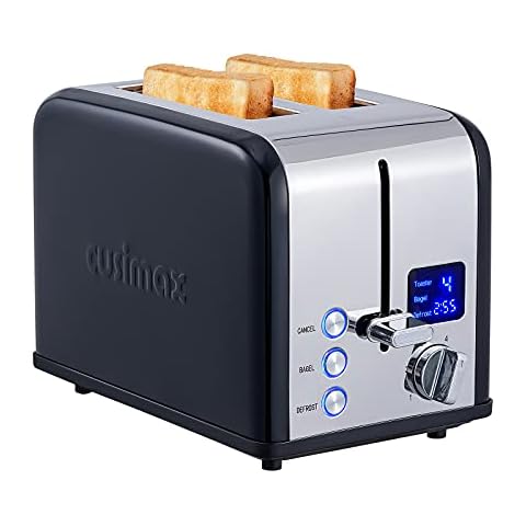 Toaster 2 Slice, CUSIMAX Stainless Steel Toaster with Large LED Display, Bread Toaster 1.5'' Extra-wide Slots with 6 Browning Settings, Cancel/Bagel/Defrost Function, Removable Crumb Tray, Black Cover