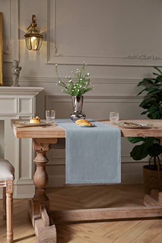 Image of ZeeMart Burlap Style Farmhouse Table Runners 90 Inches Long, Dusty Blue Rustic Woven Dining Table Runner for Everyday Use, 14x90 Inches, Light Dusty Blue