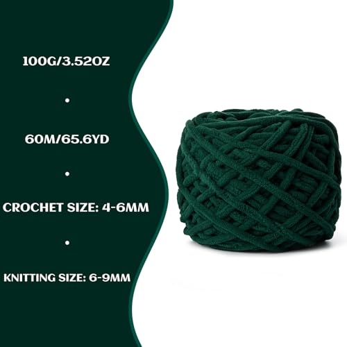Image of 3 Pack Fluffy Chenille Chunky Yarn for Crocheting 100g(65.6yd) - Baby Yarn for Crocheting Soft - Velvet Yarns for Crochet Blanket - Amigurumi Crochet Yarns (Dark Green)