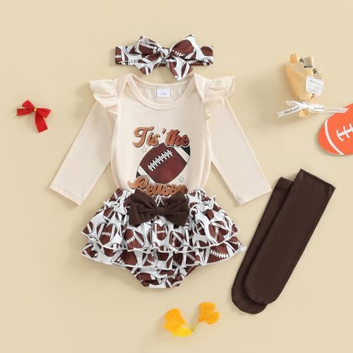 Football Baby Girl Clothes Letters Print Long Sleeve Romper Ruffle Bloomers Headband Socks Set 4Pcs Game Day Outfit2