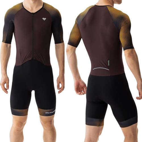 MY KILOMETRE Herren Triathlon Anzug – Einteiler Kurzarm Trisuit Schnelltrocknend Atmungsaktiv mit Rückentasche für Rennen und Training (Braun L) MY KILOMETRE Herren Triathlon Anzug – Einteiler Kurzarm Trisuit Schnelltrocknend Atmungsaktiv mit Rückentasche für Rennen und Training (Braun L)