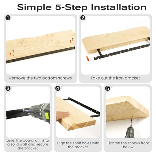 Image of 23.6 Inch Wood Floating Shelves for Wall, Set of 2 Heavy-Duty Wall Shelves with Sturdy Natural Wood Construction, Space-Saving Organizer for Bathroom, Bedroom, Living Room, Kitchen, and Office
