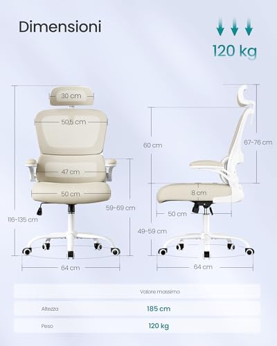 Sedia Ergonomica da Ufficio, Sedia Computer, Tessuto Rete a Doppio Strato, Braccioli Sollevabili, Supporto Lombare Adattabile, Poggiatesta Regolabile, per Studio, Beige Sabbia OBN041L01 - Sedia gaming - Immagine 2