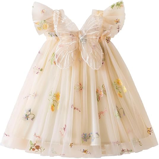Toddler Dress Toddler Girl Tulle Dress?s with Floral Embroidery, SleevelessCasual Knee-Length Dresss for Girls Party Wedding Holiday Children’s Mesh Princess Fluffy Dress, 100CM Yellow