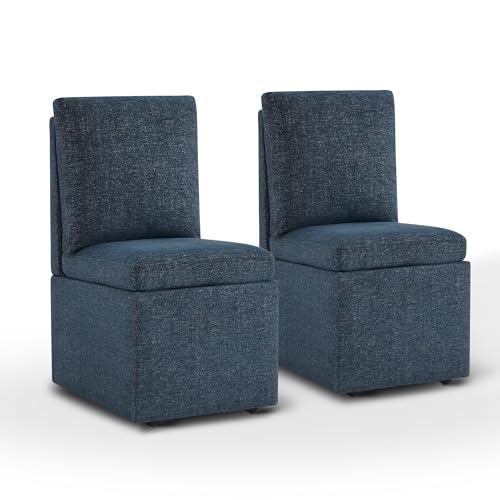 Upholstered Dining Chair with Casters Armless Modern Rolling Design for Diningroom Bedroom Livingroom Reading Room, Set of 2,Blue
