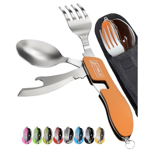 Orblue Ustensiles de camping 4 en 1, lot de 2 ustensiles de camping portables en acier inoxydable, cuillère, fourchette, couteau et décapsuleur – Couverts de voyage, outils multifonctions Orange