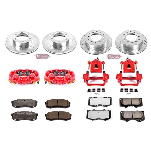 Image of PowerStop Front and Rear Brake & Caliper Kit for Toyota Sequoia 2001-07 - Drilled & Slotted Disc Rotors + Z36 Brake Pads + Red-Powder Coated Calipers, KC2325-36
