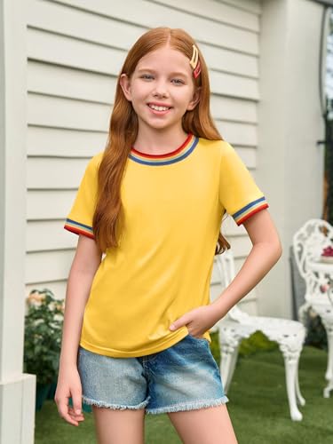 Image of Haloumoning Girls Short Sleeve T-Shirts Summer Rainbow Tops 5-14 Years | Kids Basic Tees, Rainbow Trim Ringer Tees, Crewneck Tops, Casual, Loose Fit