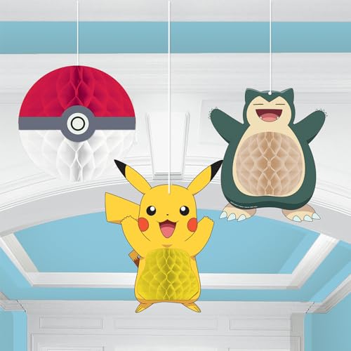 amscan - Pikachu Decorações pendentes de favo de mel com licença oficial de Pokémon para festas de aniversário infantis, pacote de 3, multicolorido (9917119)