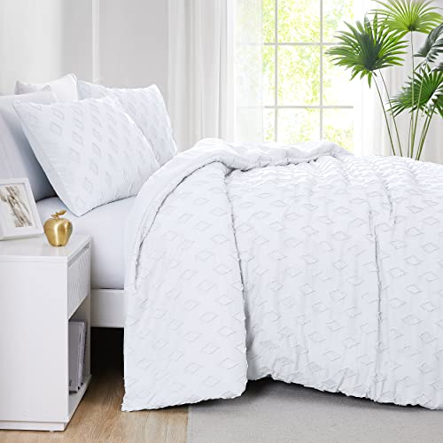 Southshore Fine Living, Inc. Clipped Jacquard Tufted Diamond Pattern Boho Duvet Cover Bedding Set With Zipper And Corner Ties, Soft Cozy Bedspread 3-Piece And 2 Shams, White King / California King #TOP1