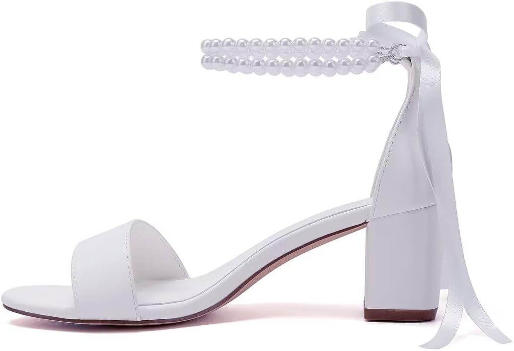 Pearl Wedding Shoes Open Toe Block Heel Wedding Sandals Chunky Heel Bridal Shoes - Image 3