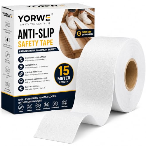 Image of YORWE Anti Slip Stair Tape with Glow in the Dark Strip - Heavy Duty Waterproof Non Slip Traction Tape for Stairs, Steps, Outdoor & Indoor Safety (White, 15 Meter)