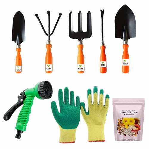 GROW DELIGHT Gardening Tools Kit-8 Pcs (Fork, Cultivator, Big Trowel, Small Trowel, Weeder, Gardening Gloves Green, Water Spray Gun, Flower Seeds Packet) | Durable Gardening Tools