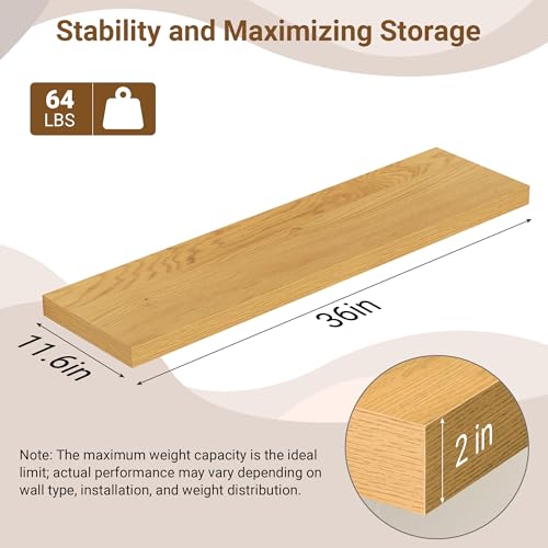 Image of 36 Inch Floating Shelves, 12 Inch Deep Floating Shelves for Wall, Extra Deeper & Thicker Wooden Wall Shelf with Invisible Brackets, Shelf for Bedroom Home Decor(Oak, Set of 2)