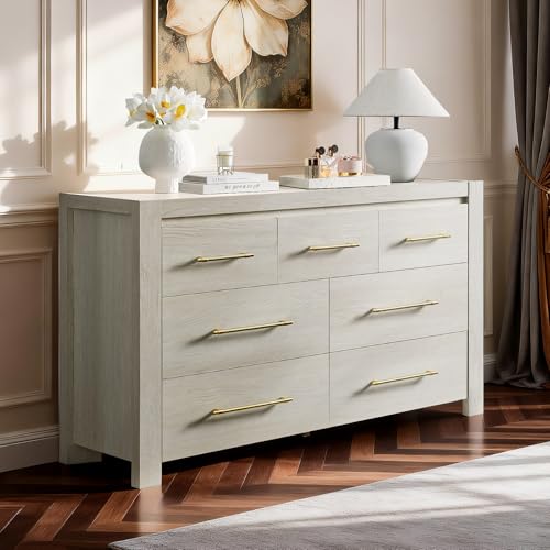 Image of 7 Drawer Dresser for Bedroom, 57.4 inch Wide Modern Chest of Drawers, Wooden Large Storage Cabinet with Sturdy Construction, TV Stand for Living Room, Hallway, Dining Room, Office (Cream White)