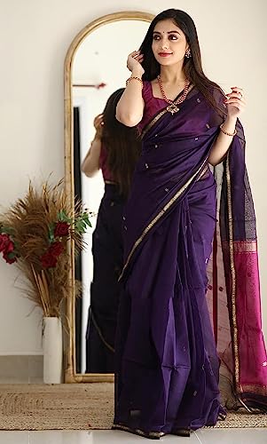 Image of SGF11 Women's Kanjivaram Soft Cotton Linen Silk Saree With Blouse Piece (Purple Pink)