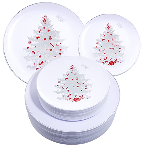 Rubtlamp 60PCS Christmas Plastic Plates, Disposable Party Plates, White Plastic Plates with Silver Christmas Tree Include 30White Dinner Platos, 30Silver Salad Platos Rubtlamp 60PCS Christmas Plastic Plates, Disposable Party Plates, White Plastic Plates with Silver Christmas Tree Include 30White Dinner Platos, 30Silver Salad Platos