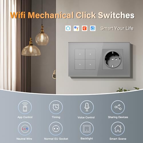 BSEED Steckdose mit Lichtschalter Unterputz 4 Fach 1 Weg WIFI Smart Lichtschalter (Neutralleiter Erforderlich), Compatibel mit Alexa/Google Home，157mm，Grau