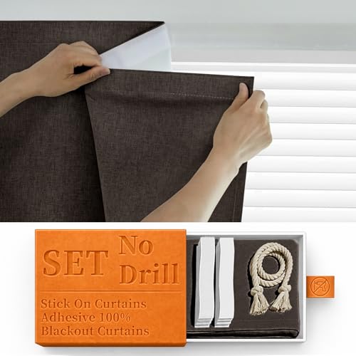 Image of 100% Blackout Magic Tape Stick On Curtains Window Shades Pull Down Blackout Window Cover No Drillng Self Adhesive Curtains No Rod Small Windows, W35 x L60 inch, 1 Panel, Dark Brown