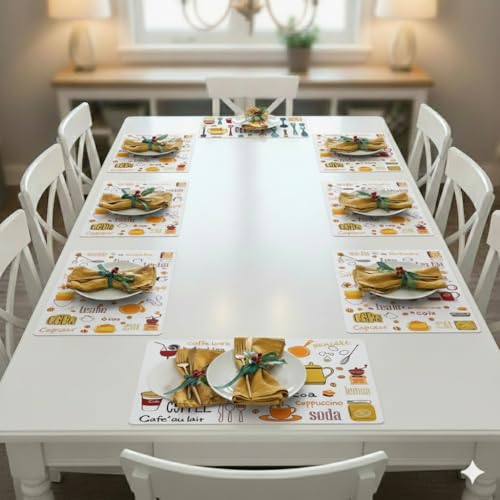 Image of YELONA Rectangular PVC Vinyl Non-Slip Insulation Heat-Resistant & Waterproof Stain Resistant Washable Placemat for Dining & Kitchen Table-(White & Orange,Set of 8)