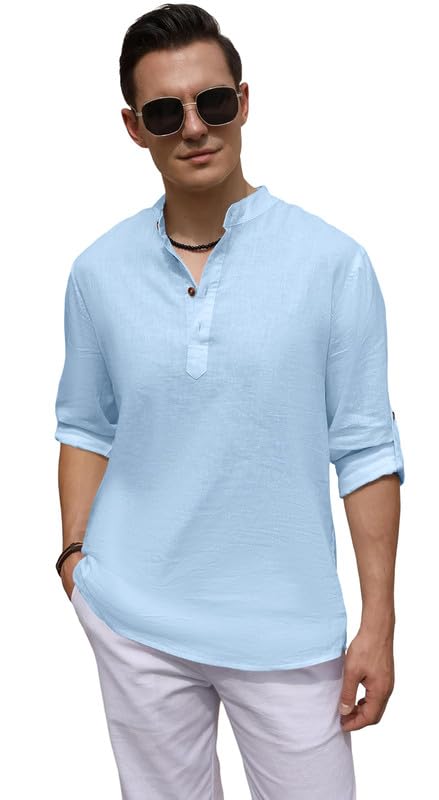 Image of ROYALSCOUT Men's Cotton Blend Casual Short Kurta Shirt with Notch Neck and Button Detail | Full Sleeve Straight Fit Lightweight Ethnic Top for Summer