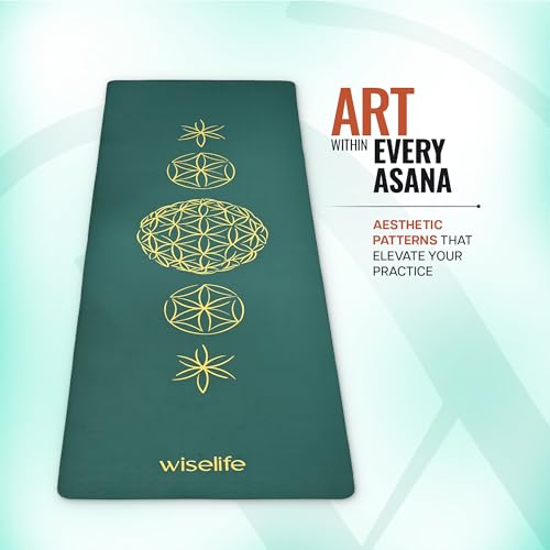 Image of Wiselife TPE Printed 6MM Yoga Mat + Yoga Strap For Men, Women, Kids | Anti-Slip Extra thick, Long & Wide Exercise Sports Mat For Workout, Fitness, Yoga, Gym, Home & Pilates (Flower of life- Green)