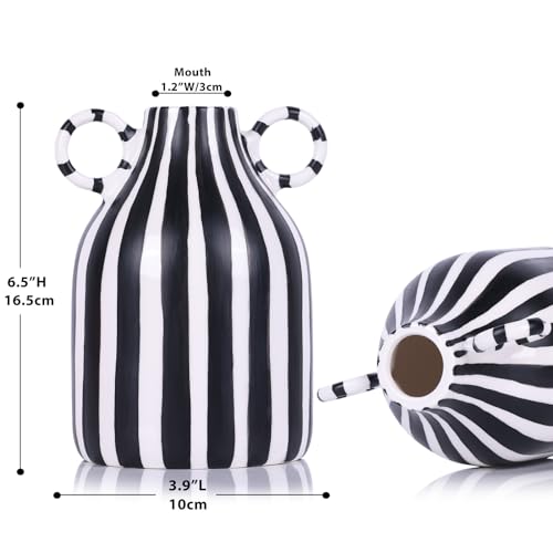 Image of Black and White Striped Ceramic Vase with Double Ring Handles