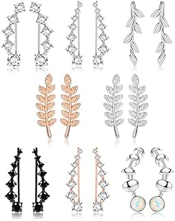 Finrezio 8 Pairs Ear Cuffs Hoop Climber Earrings for Women CZ Leaf Crawler Earring Arrow Bar Stud Earrings Set