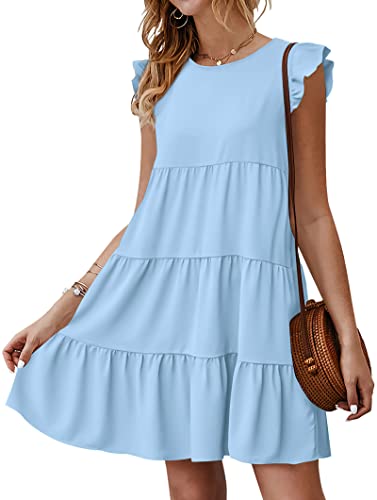 Image of KIRUNDO Summer Dresses for Women Sundress Sleeveless Ruffle Sleeve Round Neck Loose Short Flowy Pleated Mini Babydoll Dress