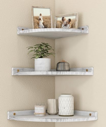 Petrala Corner Shelf Hanging Wall Mounted White Floating Shelves Rustic Corner Wall Shelf for Display Storage Decor Plant Set of 3 Shelving Unit for Bathroom Living Room Bedroom Kitchen