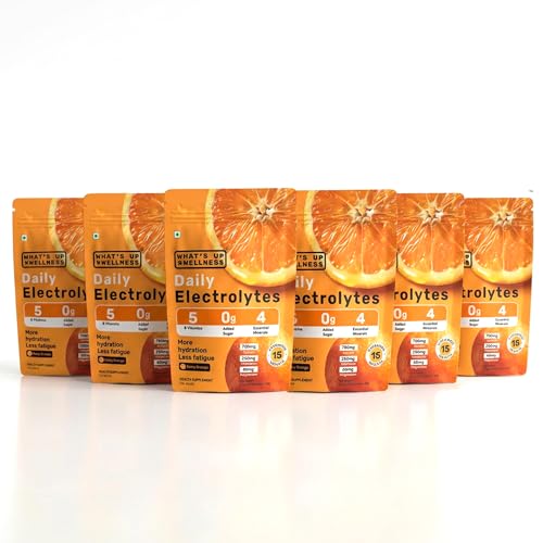 Image of What's Up Wellness Daily Electrolytes Powder - Zesty Orange Flavour | Zero Added Sugar | Instant Hydration - Sodium, Potassium, Magnesium & Zinc | Vegan - 90 Sachets | Pack of 6