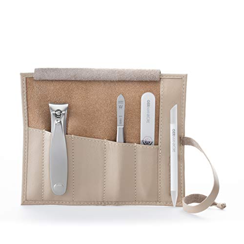 GERMANIKURE 4pc Diabetic Safe Manicure Set in Beige Leather Case - FINOX Stainless Steel Tools Made in Solingen Germany Glass Nail Care Supplies Made in Czech Republic