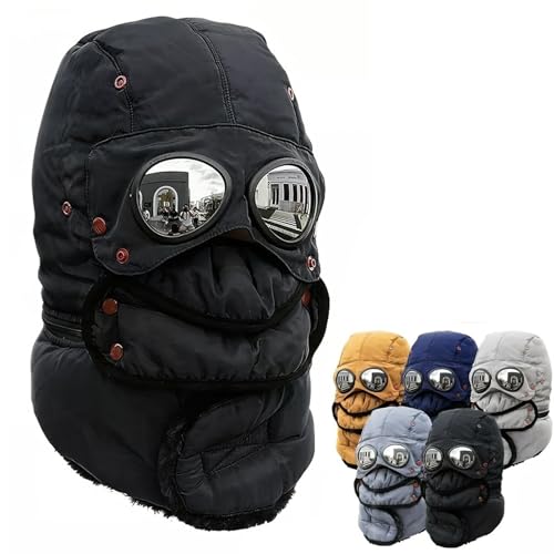 Winter Thermal Hat with Glasses, Winter Hat with Mask, Cycling Windproof Ski Mask Cap Fashion Warm Hat (Black)