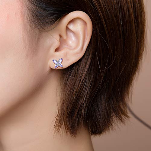 Hipunk Butterfly Blue Earring Studs Birthstone Women 925 Sterling Silver June-Alexandrite Birth Stone Animal Butterflies Stud Earring Crystal Birthday Jewelry Se0016U #TOP1