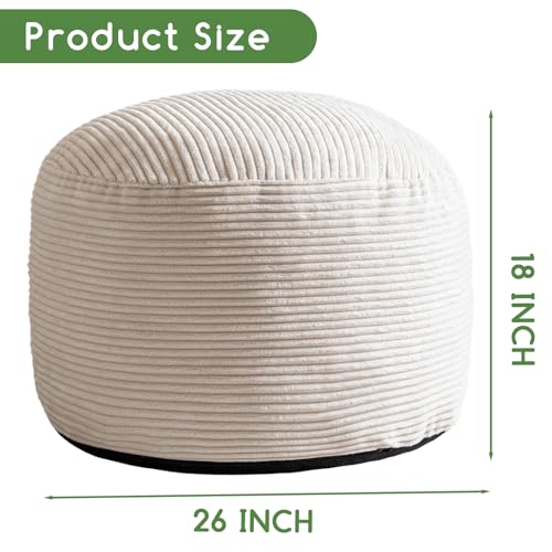 HIGOGOGO Round Stuffed Pouf Ottoman, Corduroy Poufs with Foam Chunk Filling, Corduroy Pouf Foot Stool Storage Ottoman, 26 X 18 Floor Poufs Foot Rest for Living Room, Beige - Image 2