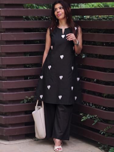 Image of ANNI Designer Kurta Set for Women Cotton Blend Embroidered | Kurti Set for Woman | Farshi Salwar Suit Kurta Palazzo Outfit | Round Neck V Slit Sleeveless Regular Fit Ethnic Dress Stylish Clothing