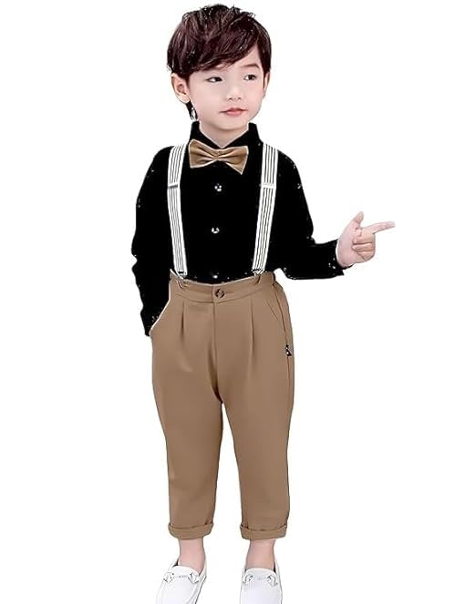 Image of SAGAR IMPEX Boys Cotton Blend Solid Full Sleeves Shirt and Pant Set with Suspender and Bow Tie | Clothing Set for Boys