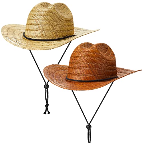 2 Pcs Men's Classic Straw Hat Sun Beach Hat Adjustable Wide Brim Athletics Straw Hats For Men Farmer Summer Beige, Khaki(Beige, Khaki) #TOP18