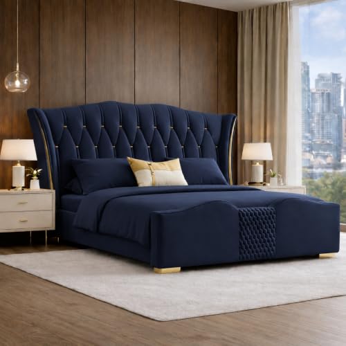 Image of Upholstered King Size Bed with Box Storage for Bedroom | Wooden Double Bed with Wooden Ply with Storage | Platform Cot Palang with Headboard | 6.5 x 6 Ft | Sheesham Wood | Navy Blue