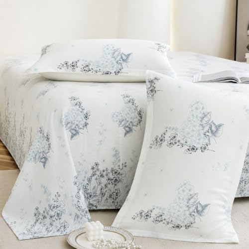 Image of Jaipur Weaves Cotton King Size Bedsheet 108x108 Super King, 100% Pure Cotton Bed Sheet with 2 Pillow Covers, 240 TC Soft Breathable Floral Design Bedding - (Garden Blue, Super King)