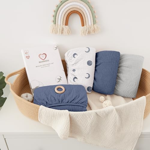 Image of Bearmoss Muslin Mini Crib Sheets for Pack N Play Mattress - 100% Cotton - 38 inchx26 inch Soft Breathable Playard Baby Crib Sheets Neutral for Boys Girls - 2 Pack (Blue Crescent)