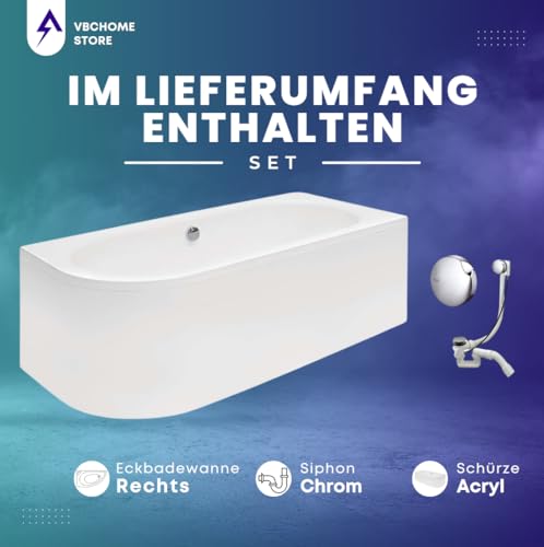VBChome Badewanne 170x75 cm Acryl SET Schürze Siphon Wanne Eckbadewanne Antirutsch Weiß Design Modern Ablaufgarnitur Viega Simplex für 2 Personen (170x75 rechts)