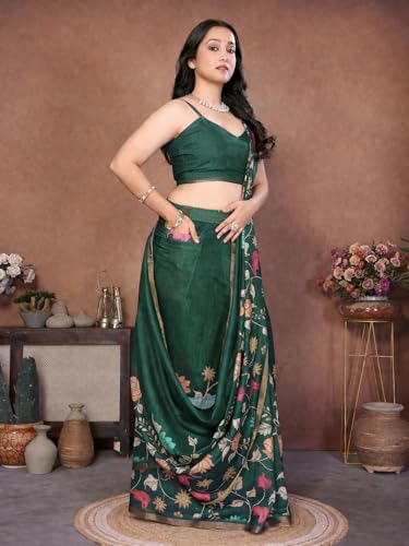 Image of SAMANTHA Black Floral Print Ready to Wear Linen Saree with Pocket & Adjustable Belt