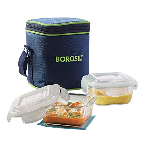 Image of Borosil Klip n Store 320ml x 2 Square Container Lunchbox | Made in India Borosilicate Glass | Microwave & Dishwasher Safe | Tiffin for Office /School /College | Vertical