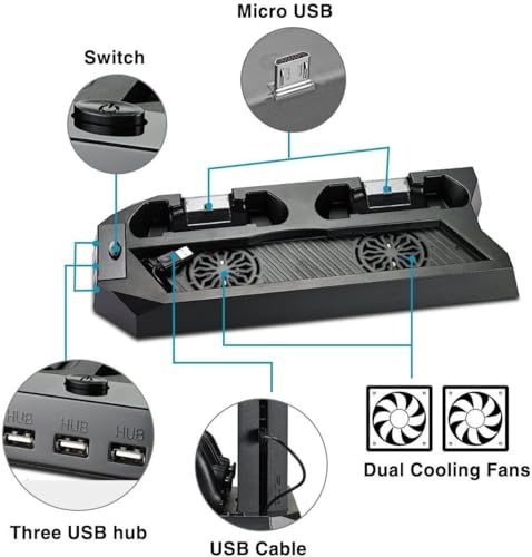 The Perfect Part BB74_PS4_DOCK_FAN Perfect Part Ps4 Cooling Station - Ps4 Cooling Fan With Controller Charging Docks & 3 Usb Hub Ports, Ps4 Vertical Stand With Dual Controller Charge Station, For Sony Playstation Charging Station thumb #1
