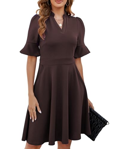 Image of Mokayee Womens Summer V Neck Ruffle Short Sleeve Fit and Flare Knee Length Church Wedding Guest Dresses with Pockets