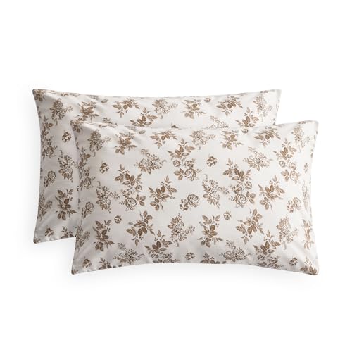 Wake In Cloud - Cottagecore Pillow Cases Floral Shabby Chic Vintage Flower Shabby Chic Coquette Aesthetic Set of 2 Soft Pillowcases Pillow Shams Covers Brown Taupe Standard Size 20x26 Inches