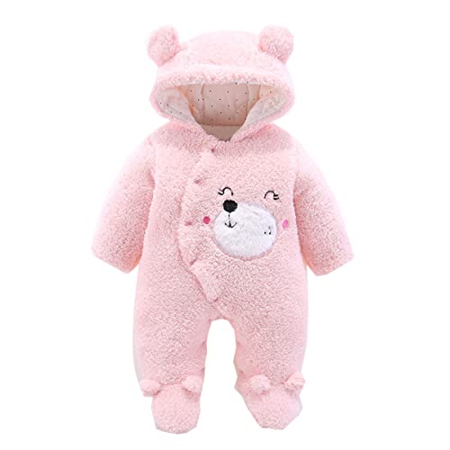 Pelele con Patas de Lana para bebé Mono de Oso de Dibujos Animados de Invierno Traje de Invierno con Capucha Traje de Mono Grueso Frente Snap 0-12 Meses (Pink,9-12 Months) Cover