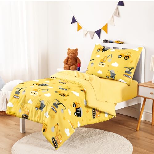 Image of Wake In Cloud - Toddler Bedding Set for Boys, Construction Car Excavator Truck, 4 Pieces Soft Crib Bed Set Including Comforter, Sheets and Pillowcase, Yellow